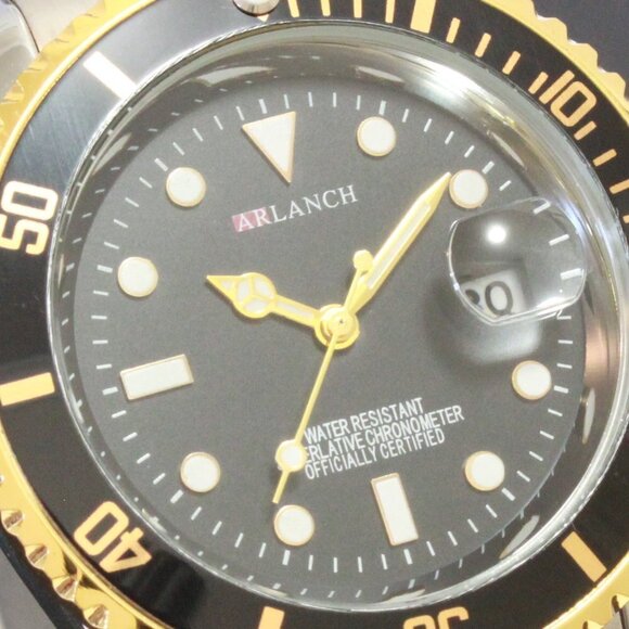 Men's Diver Style Watch Black Bezel Silver Gold Tone 40mm - Picture 12 of 14